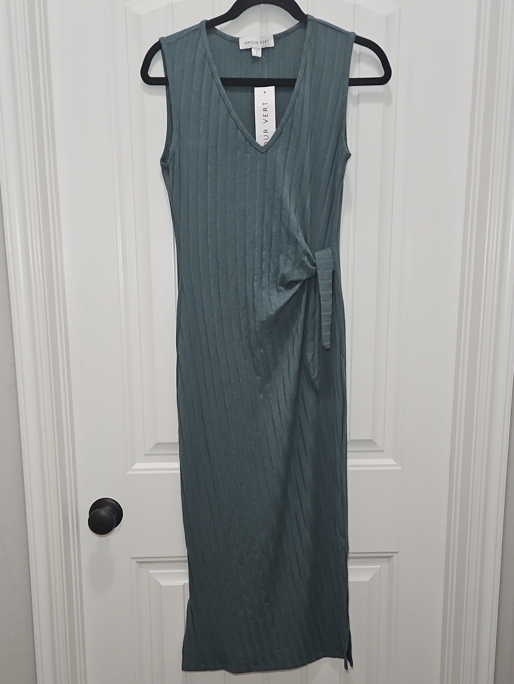 Amour Vert Balsam Green Sleeveless Ribbed Maxi Dress Side Tie XS New